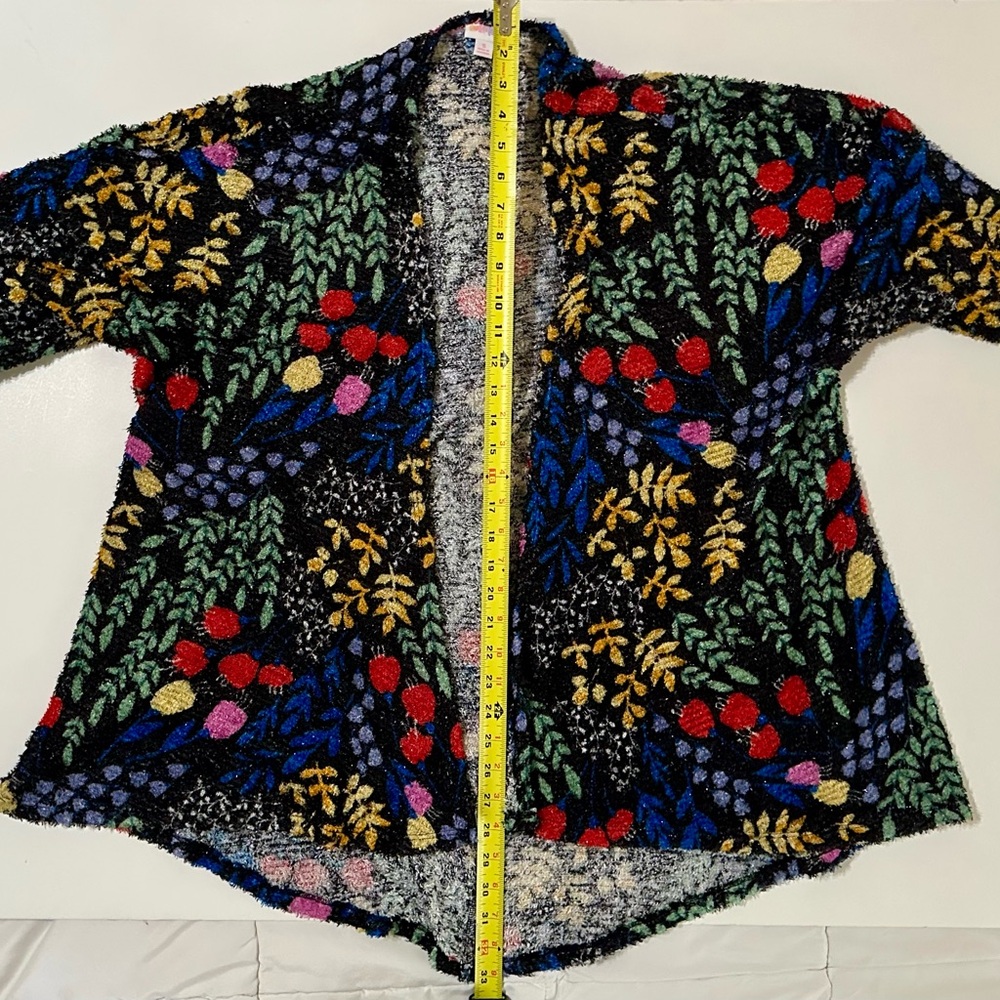LuLaRoe Black Floral Open-Front Cardigan with Multicolor Botanical Print
